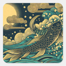 Adesivo Quadrado Peixe Dourado Koi Saltando Ondas A em Xilogravura 