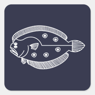 Adesivo Quadrado Peixe-Flounder Divertido de Branco sobre o Azul Ma