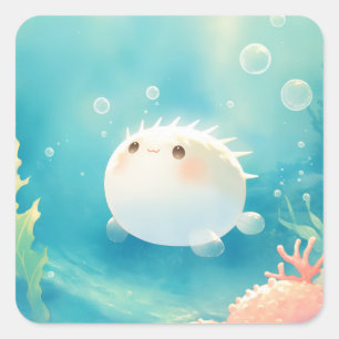 Adesivo Quadrado Peixe Fugu Kawaii Fofo Aquarela Sob o Mar