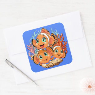Adesivo Quadrado Peixe palhaço Desenho animado Fofo Família Subaquá