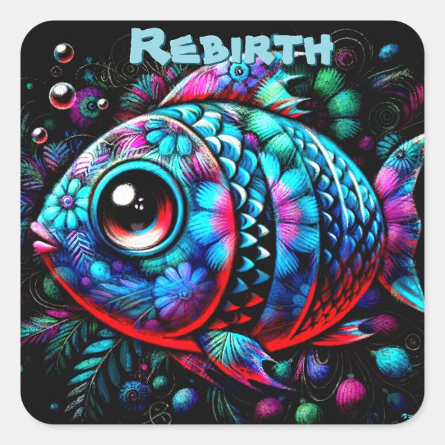 Adesivo Quadrado Peixes Florais De Olhos Grandes E Queijos Náuticos (Frente)