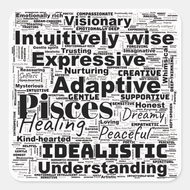 Adesivo Quadrado Peixes Word Cloud Zodiac Inspiração (Frente)