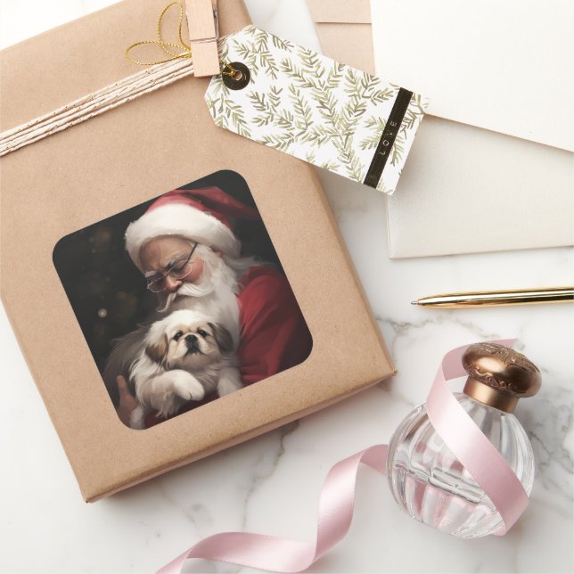 Adesivo Quadrado Pekingese com Papai Noel Natal Festivo (Presentear)
