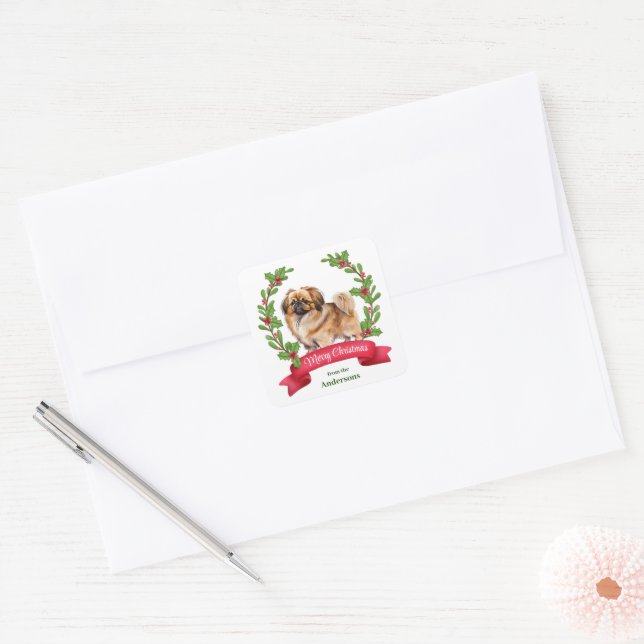 Adesivo Quadrado Pekingese Dog Holly Banner Natal (Envelope)