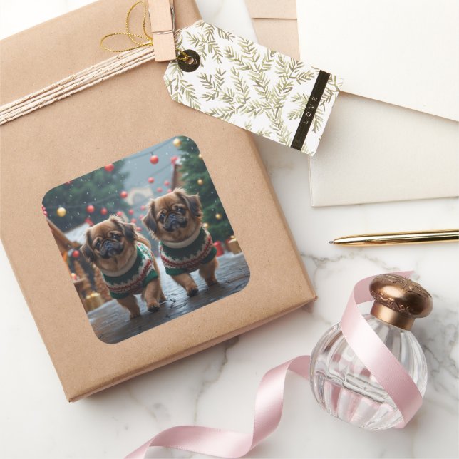 Adesivo Quadrado Pekingese Dogs Christmas Snow Holiday (Presentear)