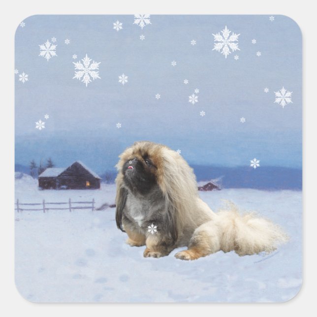 Adesivo Quadrado Pekingese no inverno (Frente)