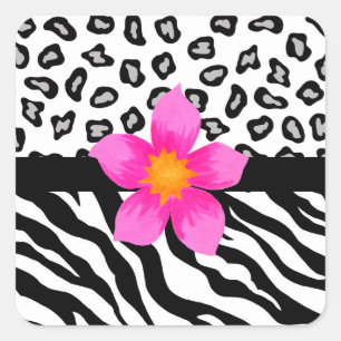 Adesivo Quadrado Pele preta & branca da zebra & da chita & flor