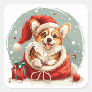 Adesivo Quadrado Pembroke de Natal Welsh Corgi Puppy