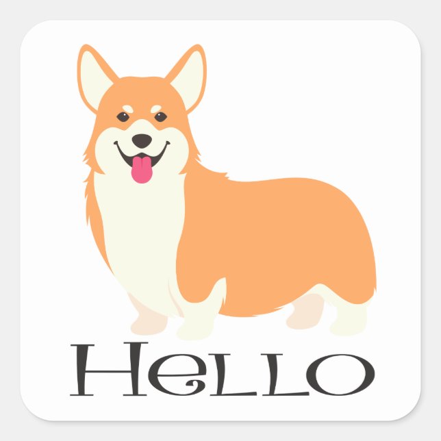 Adesivo Quadrado Pembroke Welsh Corgi Alô, Puppy Dog Cartoon (Frente)