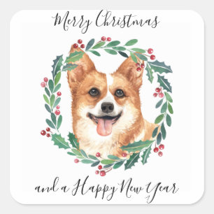 Adesivo Quadrado Pembroke Welsh Corgi Dog Elegante Feliz Natal