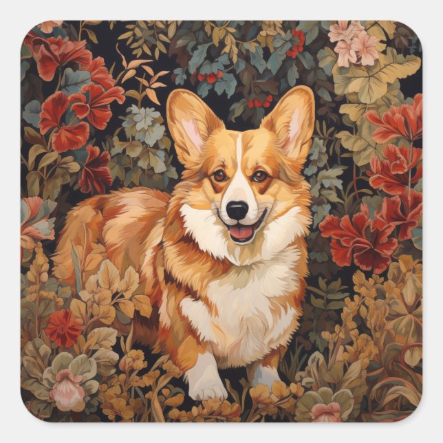 Adesivo Quadrado Pembroke Welsh Corgi num Jardim Flor Vitoriano (Frente)