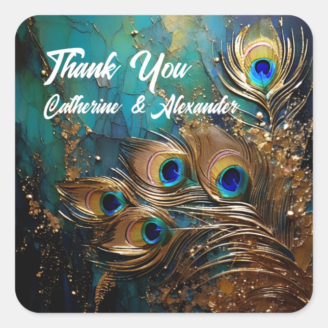 Adesivo Quadrado Penas de pavão elegante (Frente)