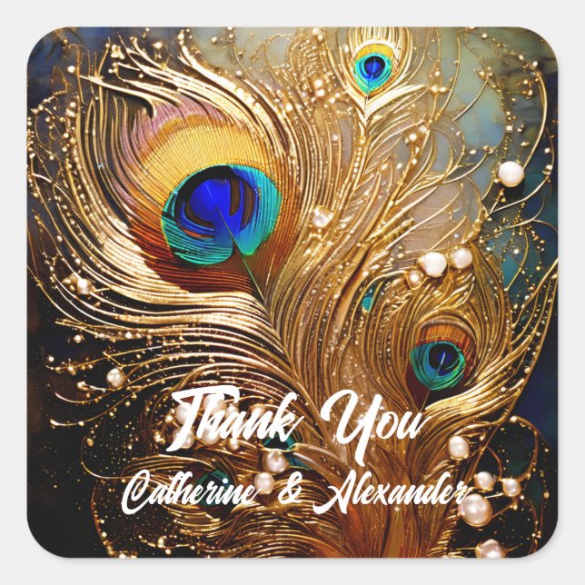 Adesivo Quadrado Penas de pavão pérolas luxo plumas elegantes (Frente)