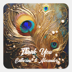 Adesivo Quadrado Penas de pavão, pérolas, plumas elegantes de luxo