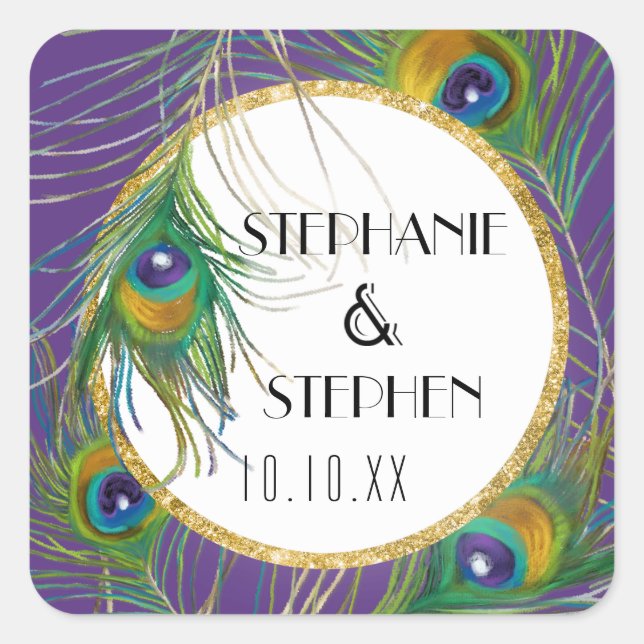 Adesivo Quadrado Penas de pavão púrpura com selos de faux Dourados (Frente)