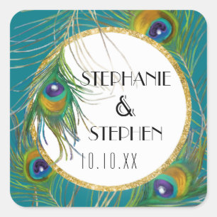 Adesivo Quadrado Penas de Peacock Elegantes com Casamentos Dourados