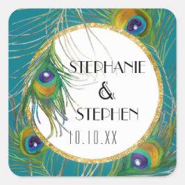 Adesivo Quadrado Penas Peacock Elegantes com Casamentos Glitter Dou