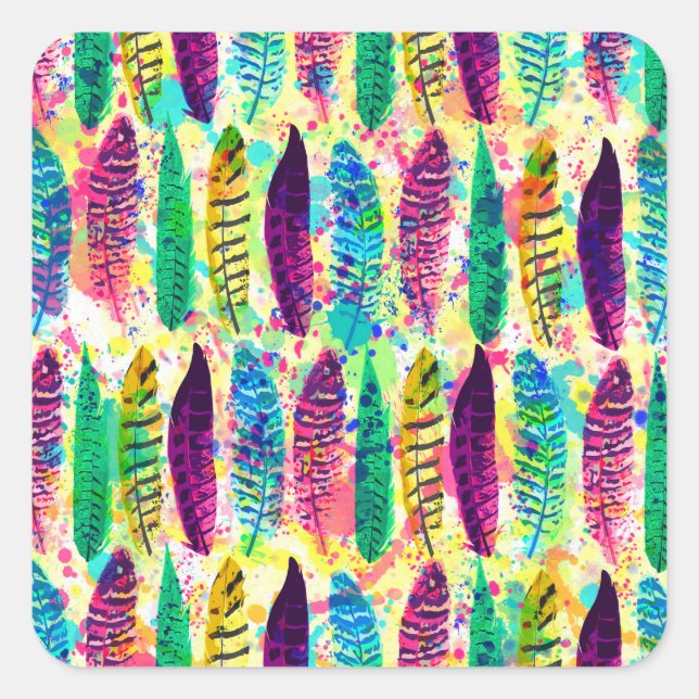 Adesivo Quadrado Penas tribais de neon de cor aquosa legal (Frente)