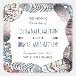 Adesivo Quadrado Penas Tribais Modernas, Favor do Casamento Boêmian