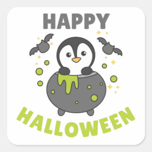 Adesivo Quadrado Penguin Happy Halloween Cauldron Bat Square Sticke