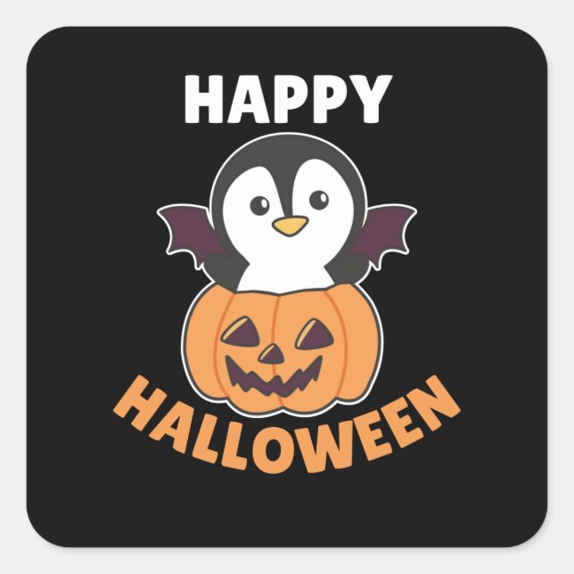 Adesivo Quadrado Penguin Happy Halloween Pumpkin Bat Costume (Frente)