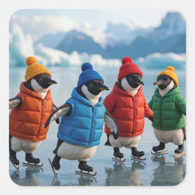 Adesivo Quadrado Penguins Ice Skating On an Arctic Lake (Frente)