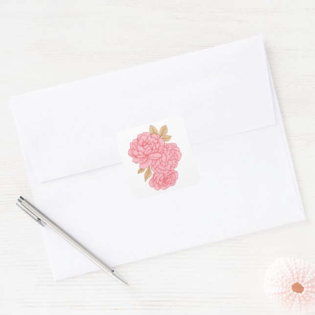 Adesivo Quadrado Peões Elegantes - Ilustração Floral Rosa Mole (Envelope)