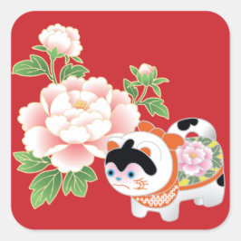 Adesivo Quadrado Pêonias e Cães Leões Padrão Kimono Japonês