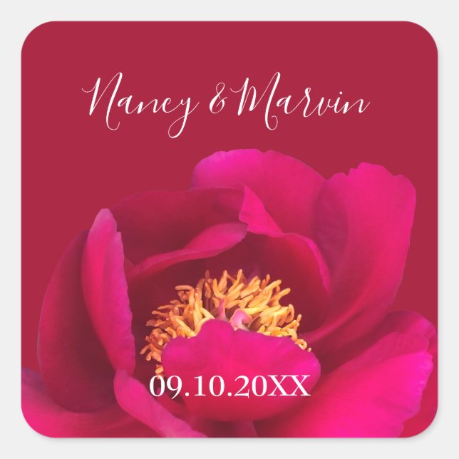 Adesivo Quadrado Peony Rosa Ruby Red 40º Aniversário Personalizado (Frente)