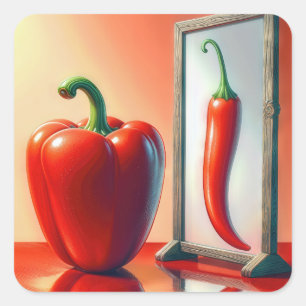 Adesivo Quadrado Pepper Red Bell olhando em um espelho