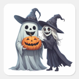 Adesivo Quadrado Pequena Bruxa Fantasma Abóbora de Halloween 👻