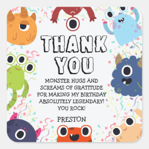 Adesivo Quadrado Pequena Festa de aniversário Monstro para todas as