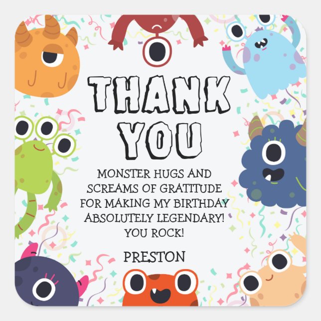 Adesivo Quadrado Pequena Festa de aniversário Monstro para todas as (Frente)