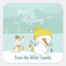 Adesivo Quadrado Pequeno boneco de neve e cachorro na cena de inver