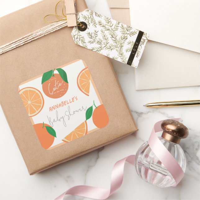 Adesivo Quadrado Pequeno Chá de fraldas Laranja Moderno Cutie (Presentear)