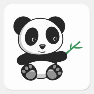 Adesivo Quadrado Pequeno Panda Bonito com um Bambu Stick