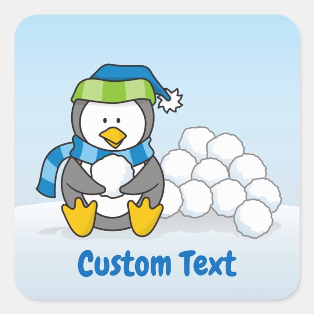 Adesivo Quadrado Pequeno pinguim sentado com bolas de neve (Frente)