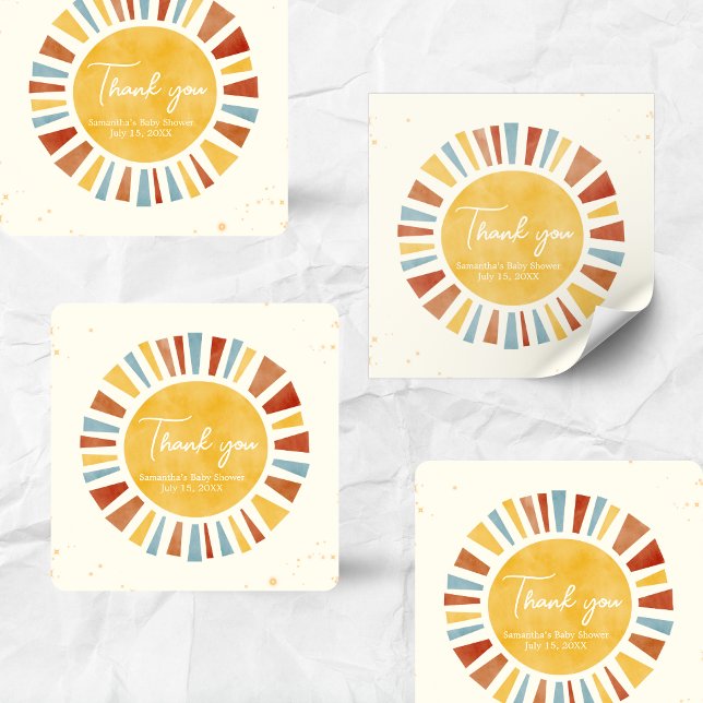 Adesivo Quadrado Pequeno Raio de Sol Boho Chá de Bebê (Little Ray of Sunshine Baby Shower Square Sticker)