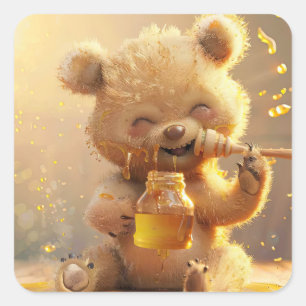 Adesivo Quadrado Pequeno urso comendo mel