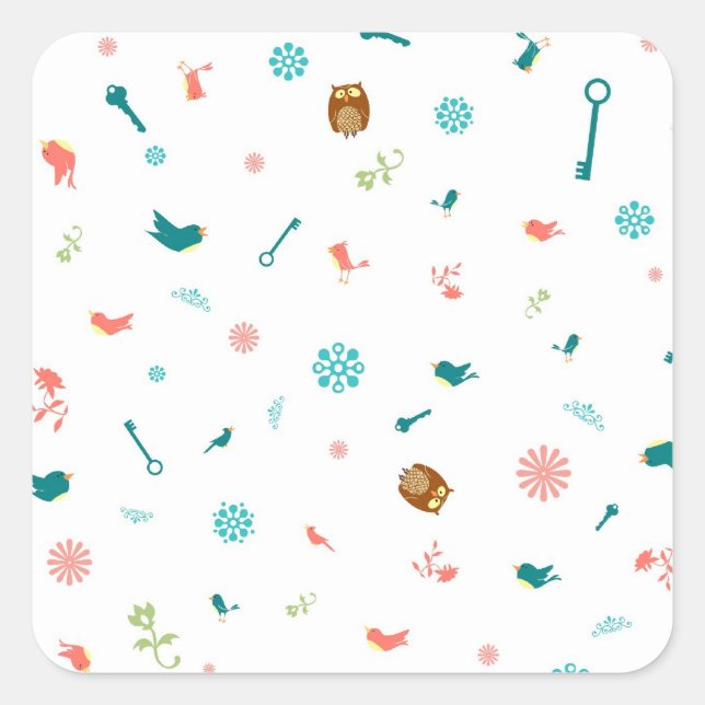 Adesivo Quadrado Pequenos Corujas e Pássaros (Frente)