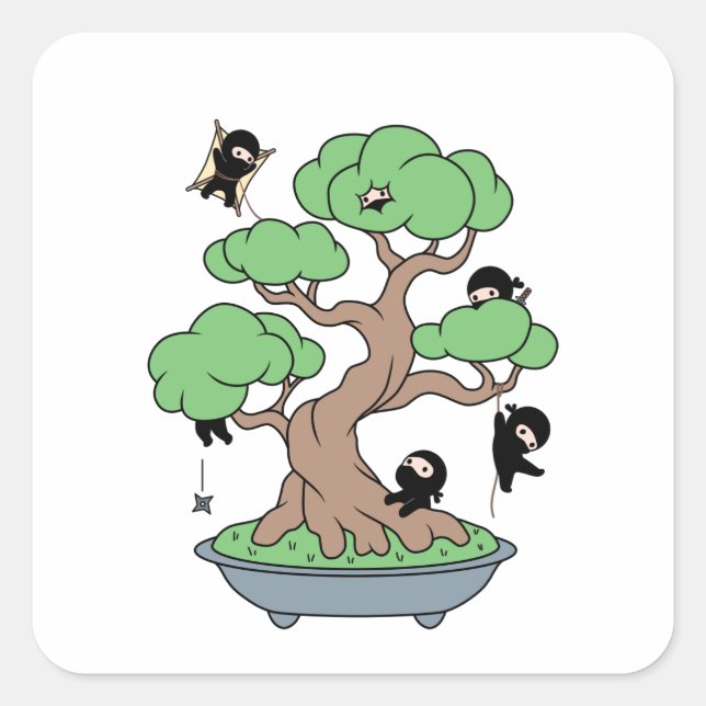 Adesivo Quadrado Pequenos Ninjas em Bonsai Tree (Frente)