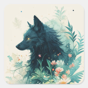 Adesivo Quadrado Perfil de Lobo Negro Aquarela Floral Arte Azul Tur