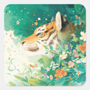 Adesivo Quadrado Perfil de tigre espiando através de Jardim Botânic