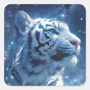 Adesivo Quadrado Perfil do Tigre Branco sob o Céu Noturno Estrelado
