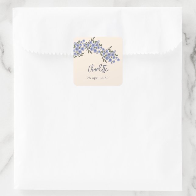 Adesivo Quadrado Periwinkle Floral Blooms Modern Nome Personalizado (Bolsa)