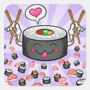 Adesivo Quadrado Personagem de desenho animado do sushi que come
