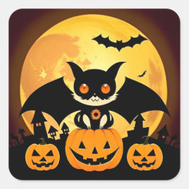 Adesivo Quadrado Personagem de Gato de Halloween Fofo Abóboras Deco
