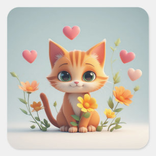Adesivo Quadrado Personagem de Gato Fofo Com Corações E Flores Aleg