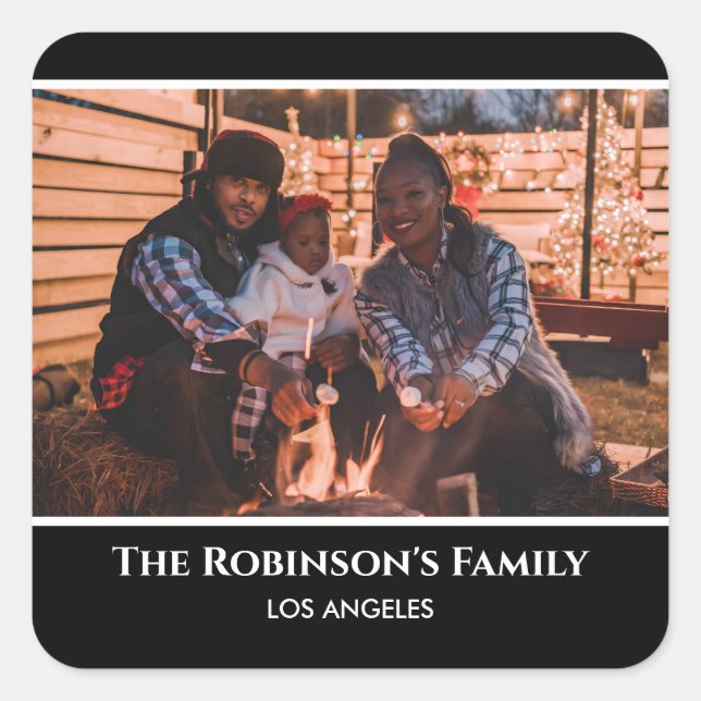 Adesivo Quadrado Personalizada sua foto em quadro preto com texto (Frente)