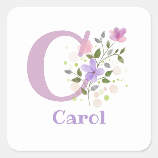 Adesivo Quadrado Personalizado com o Nome Carol e Inicial. (Frente)
